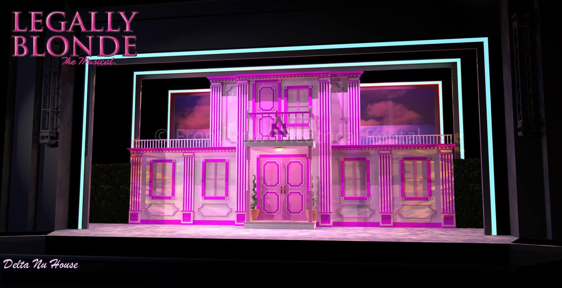 Legally Blonde set rental - Delta Nu house - Front Row Theatrical Rental - 800-250-3114