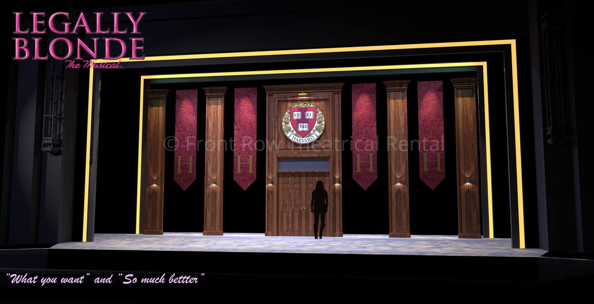 Legally Blonde set rental - Harvard Hallway - Front Row Theatrical Rental - 800-250-3114