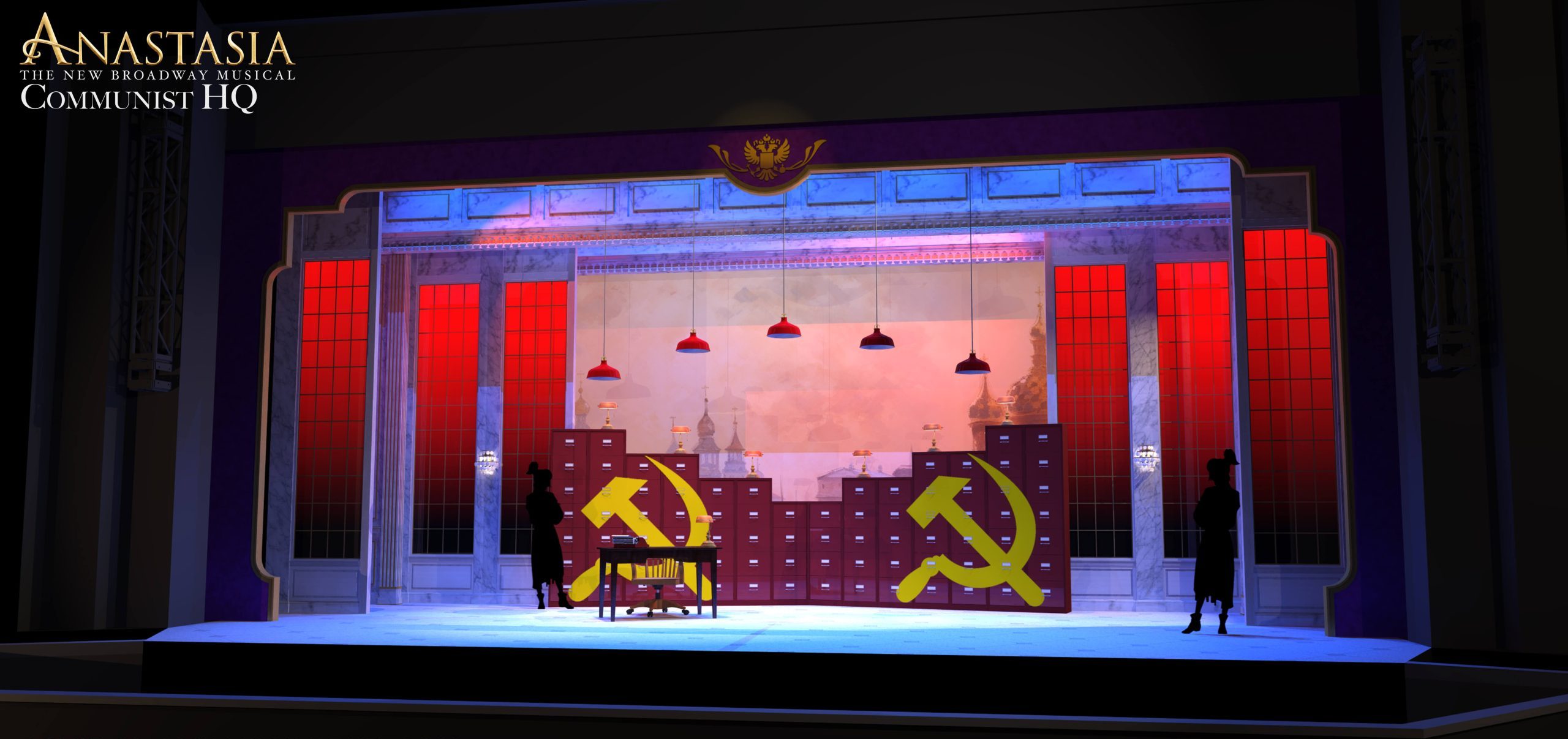 Anastasia scenery rental - Communist HQ musical scene - Front Row Theatrical Rental