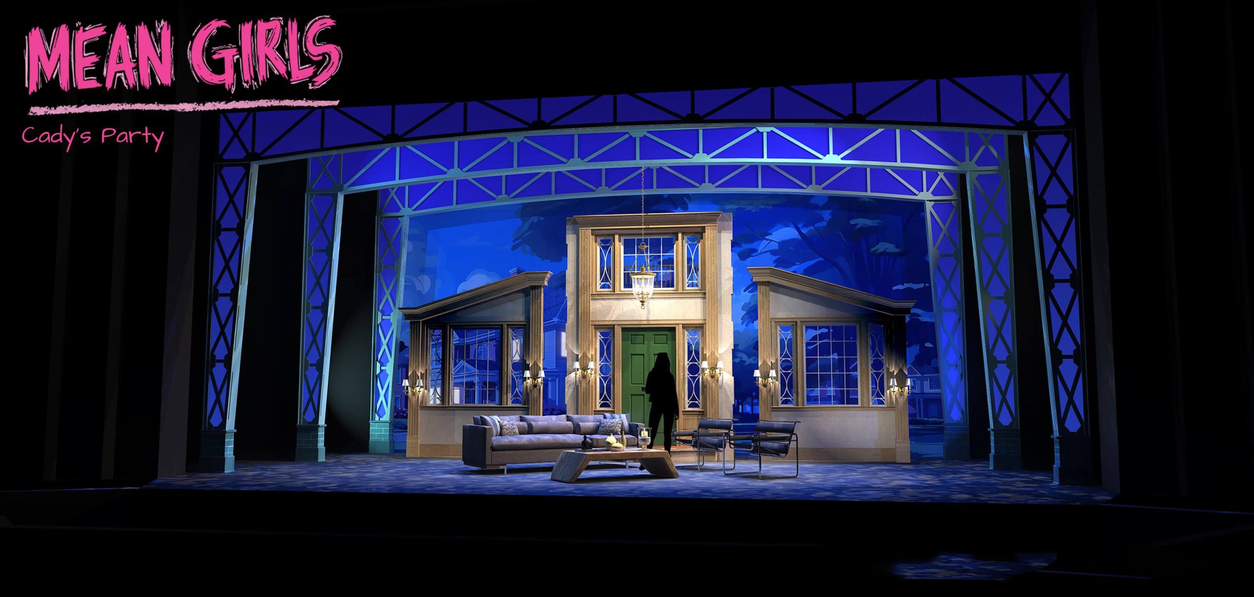 Mean Girls musical rental scenery - Front Row Theatrical Rental - Cady's party house interior set rental scene